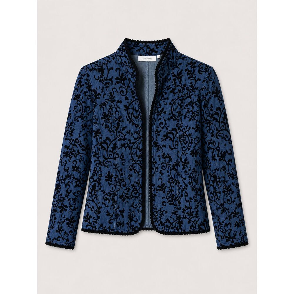 Tantrums Cotton Black Flocked Velvet Paisley Print Blue Denim Jacket Size Large